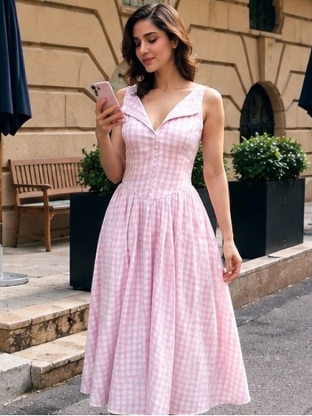 Sleeveless Pink Gingham Midi Dress